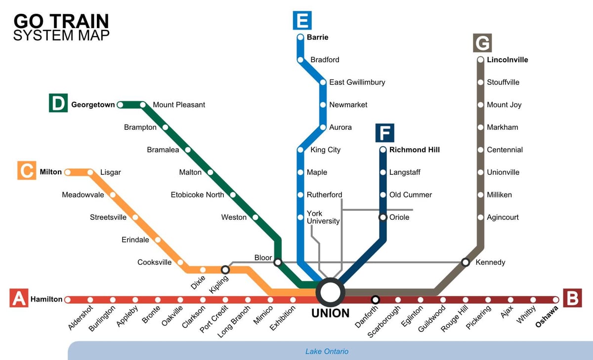 નકશો ટોરોન્ટો ટ્રેનો Go Transit