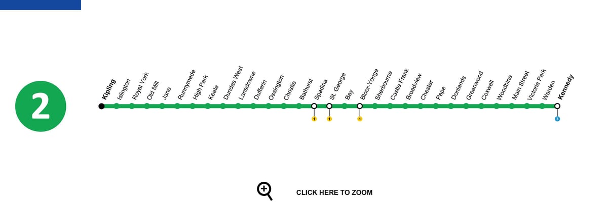 નકશો ટોરોન્ટો સબવે લાઇન 2 Bloor-Danforth