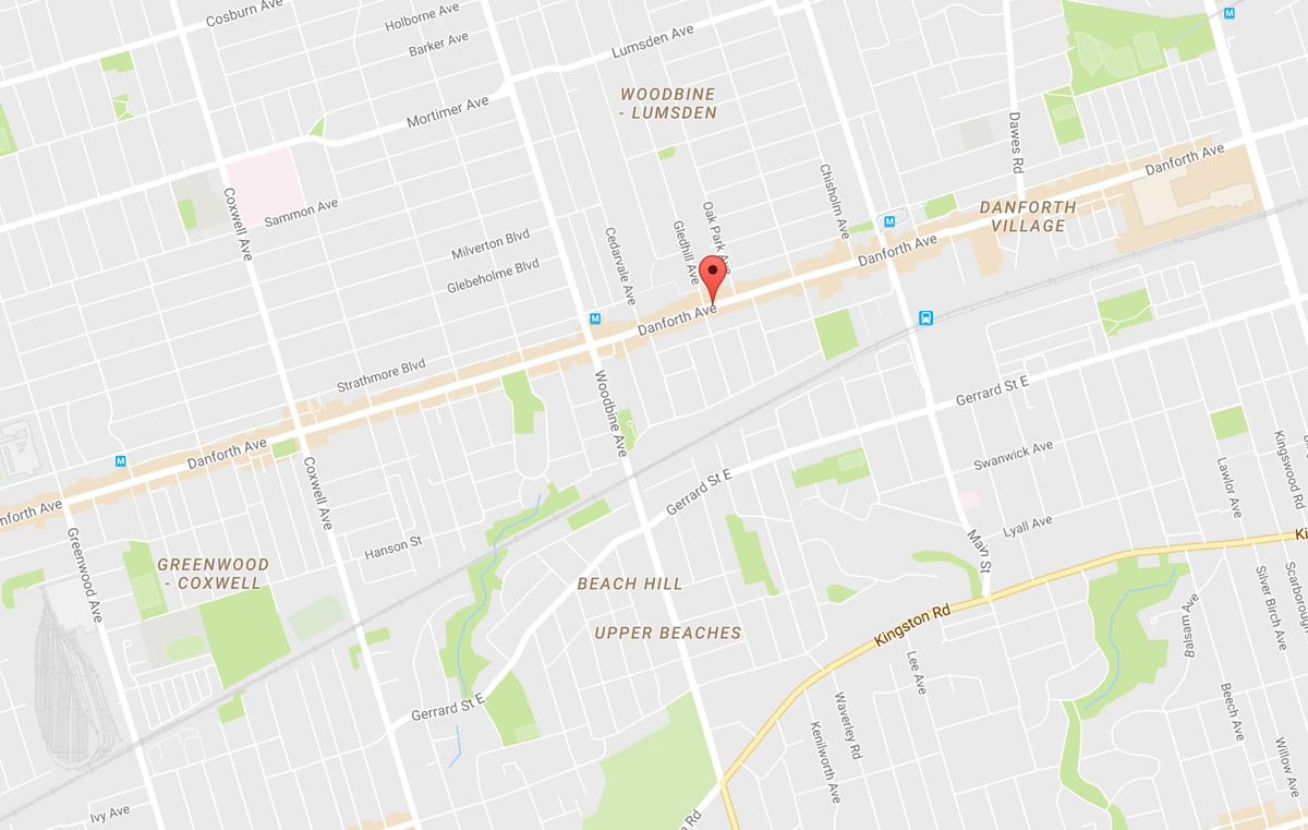 નકશો પૂર્વ Danforth પડોશી ટોરોન્ટો
