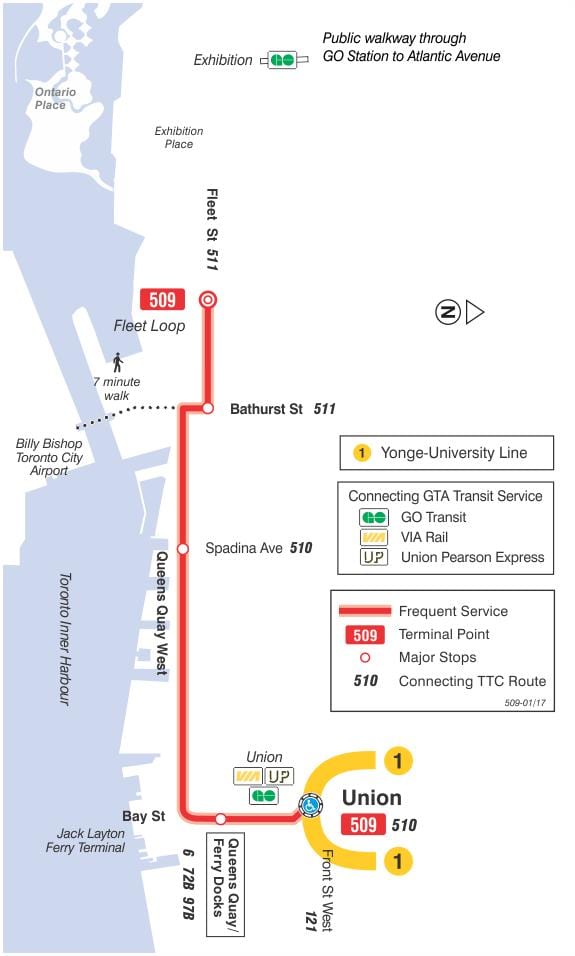 નકશો સ્ટ્રીટકાર લાઈન 509 Harbourfront
