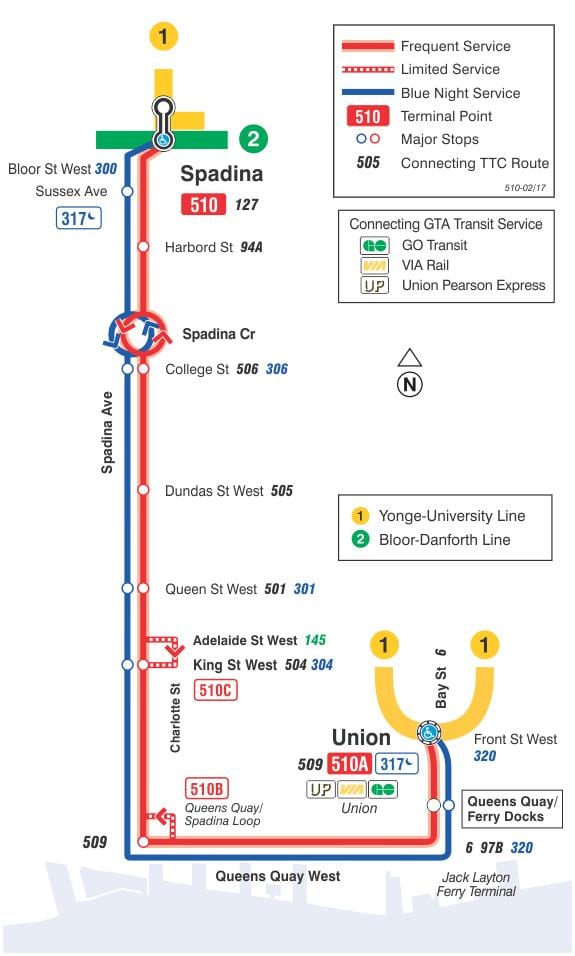નકશો સ્ટ્રીટકાર લાઈન 510 Spadina