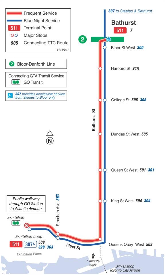 નકશો સ્ટ્રીટકાર લાઈન 511 Bathurst