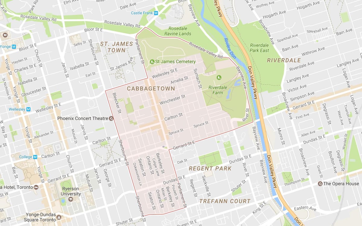 નકશો Cabbagetown પડોશી ટોરોન્ટો