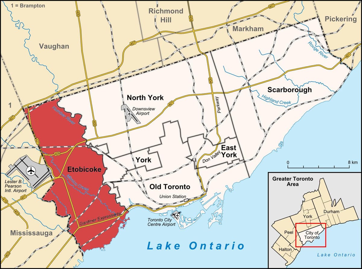 નકશો Etobicoke જિલ્લા ટોરોન્ટો