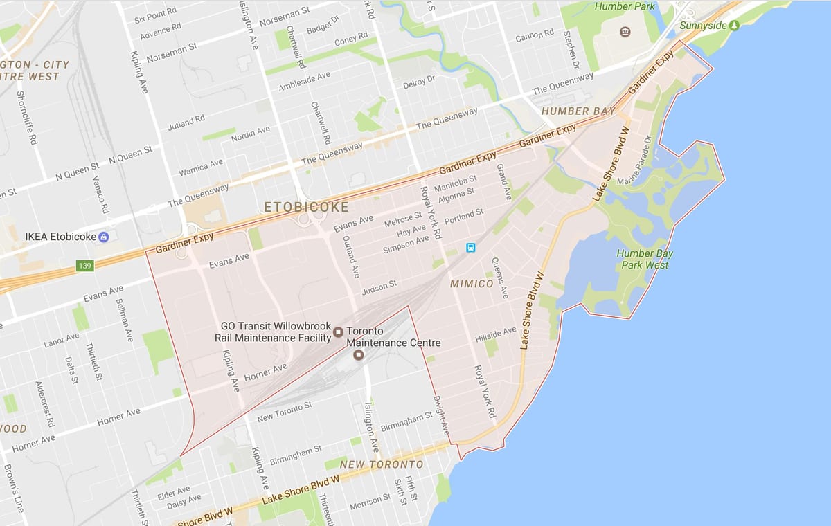 નકશો Mimico પડોશી ટોરોન્ટો