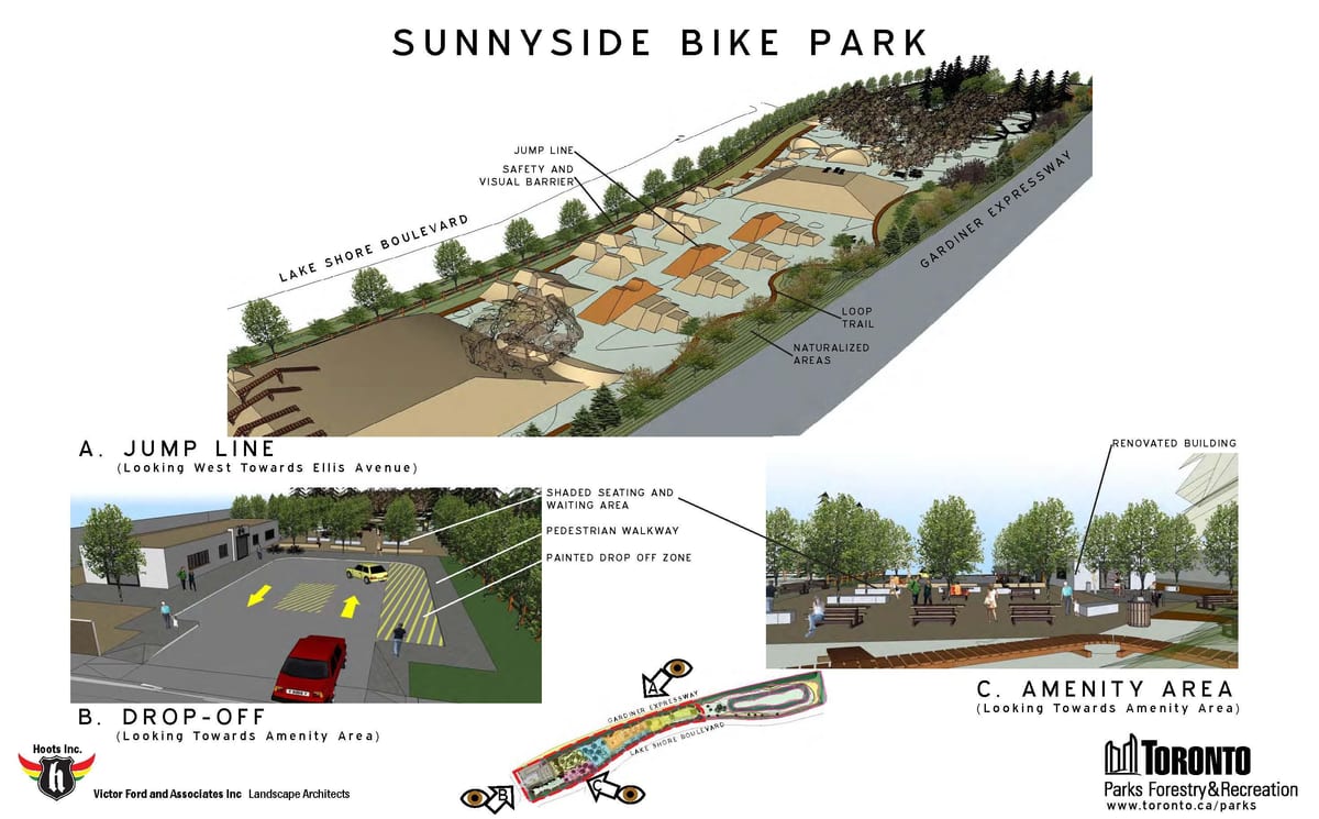 નકશો Sunnyside બાઇક પાર્ક ટોરોન્ટો સીધા આના પર જાઓ લાઇન