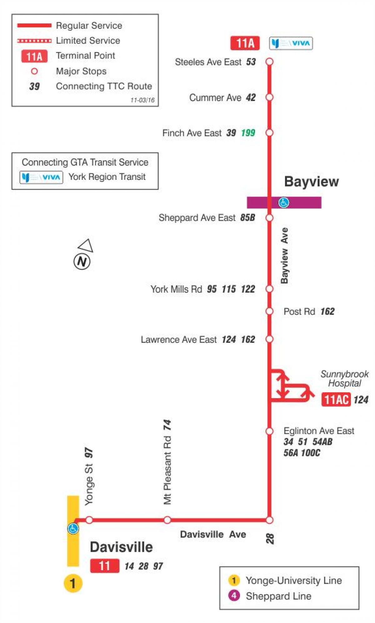 નકશો TTC 11 Bayview બસ રૂટ ટોરોન્ટો