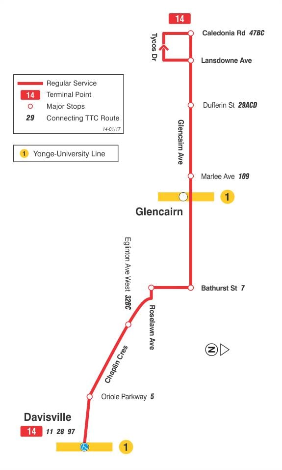 નકશો TTC 14 Glencairn બસ રૂટ ટોરોન્ટો