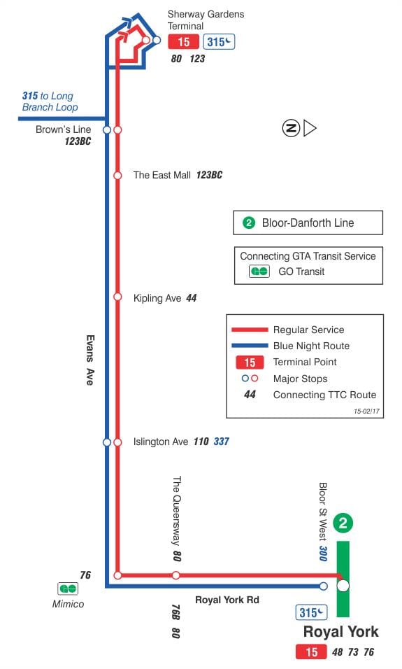 નકશો TTC 15 ઇવાન્સ બસ રૂટ ટોરોન્ટો