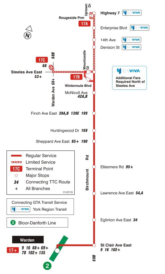 નકશો TTC 17 Birchmount બસ રૂટ ટોરોન્ટો