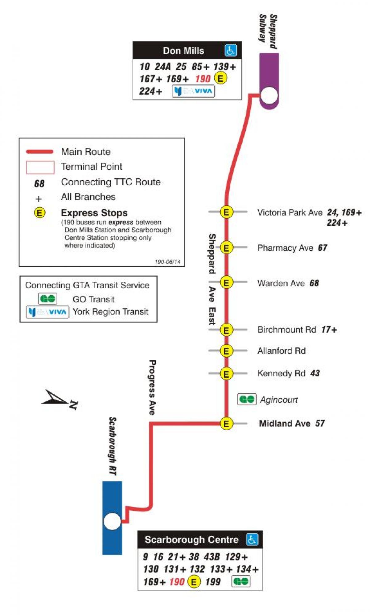 નકશો TTC 190 પીટર્સબર્ગ કેન્દ્ર રોકેટ બસ રૂટ ટોરોન્ટો