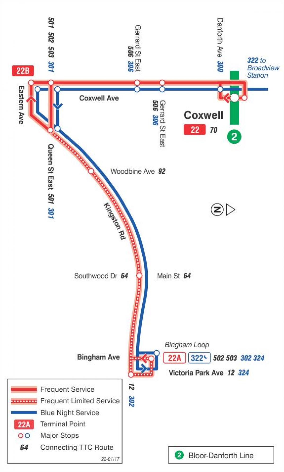 નકશો TTC 22 Coxwell બસ રૂટ ટોરોન્ટો