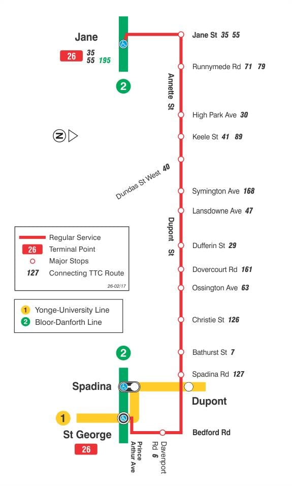 નકશો TTC 26 Dupont બસ રૂટ ટોરોન્ટો