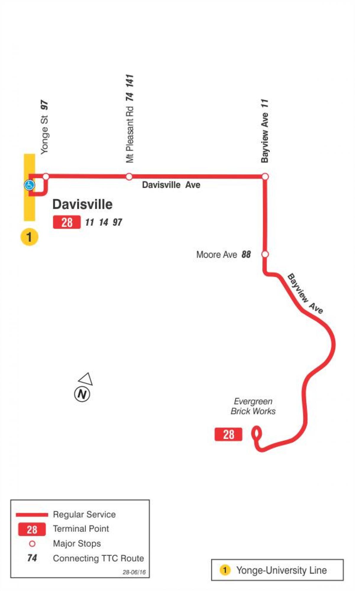 નકશો TTC 28 Bayview દક્ષિણ બસ રૂટ ટોરોન્ટો