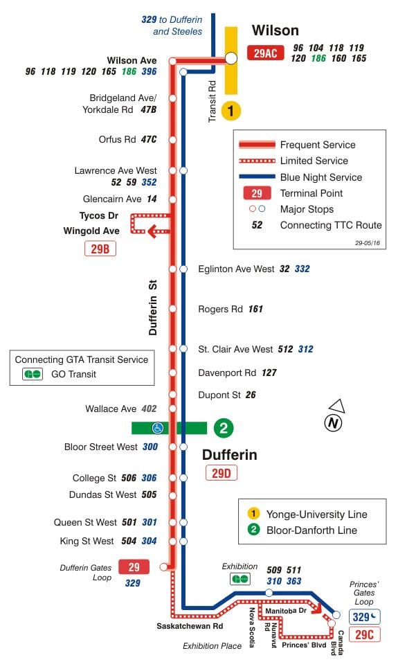 નકશો TTC 29 Dufferin બસ રૂટ ટોરોન્ટો