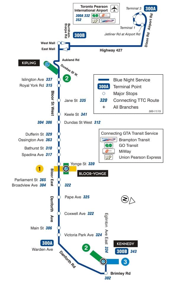 નકશો TTC 300A Bloor-Danforth બસ રૂટ ટોરોન્ટો