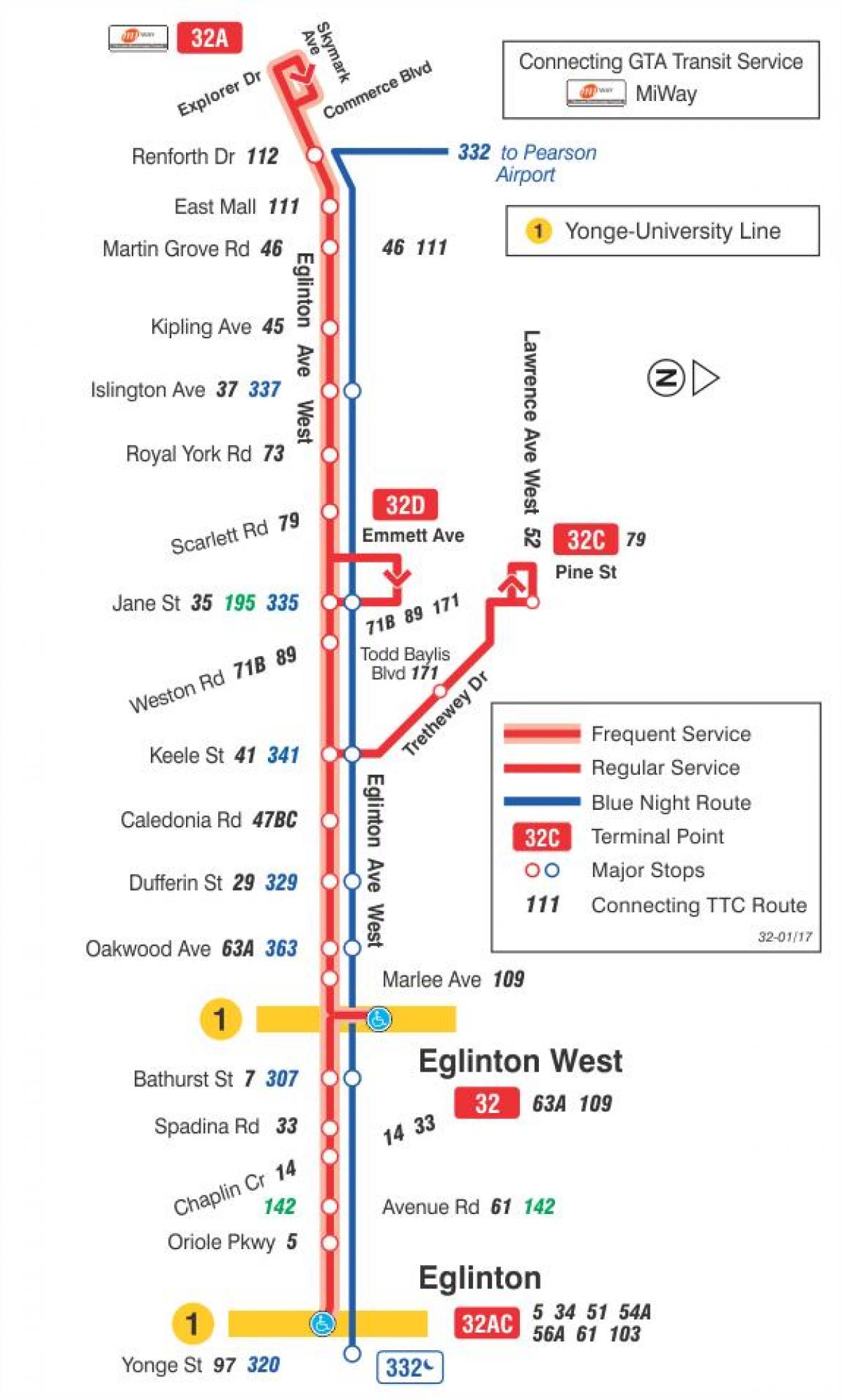 નકશો TTC 32 Eglinton વેસ્ટ બસ રૂટ ટોરોન્ટો