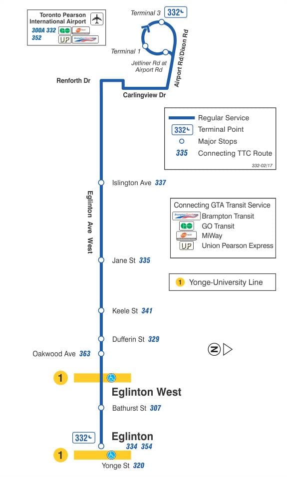 નકશો TTC 332 Eglinton વેસ્ટ બસ રૂટ ટોરોન્ટો