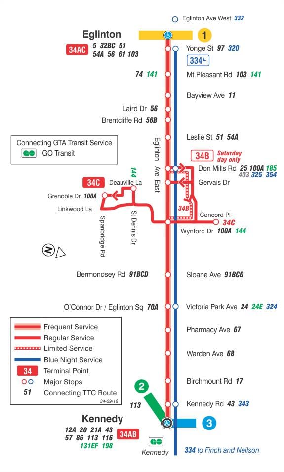 નકશો TTC 34 Eglinton પૂર્વ બસ રૂટ ટોરોન્ટો