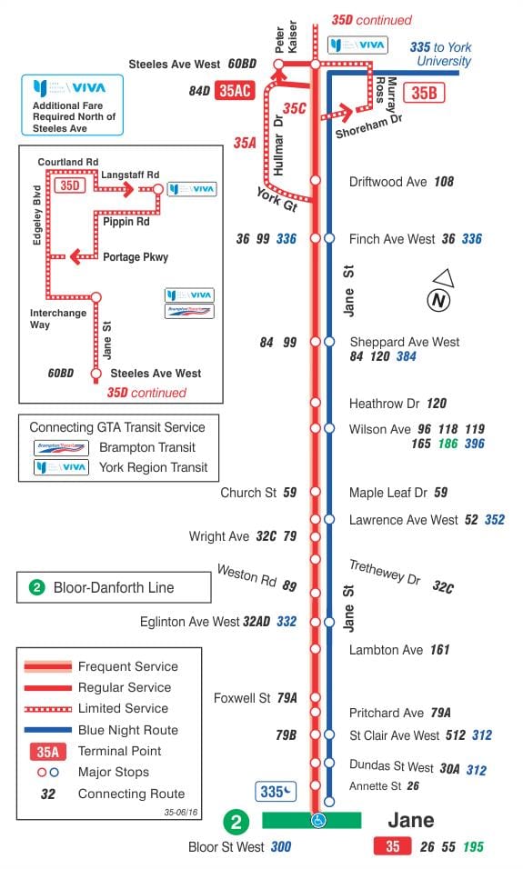 નકશો TTC 35 જેન બસ રૂટ ટોરોન્ટો