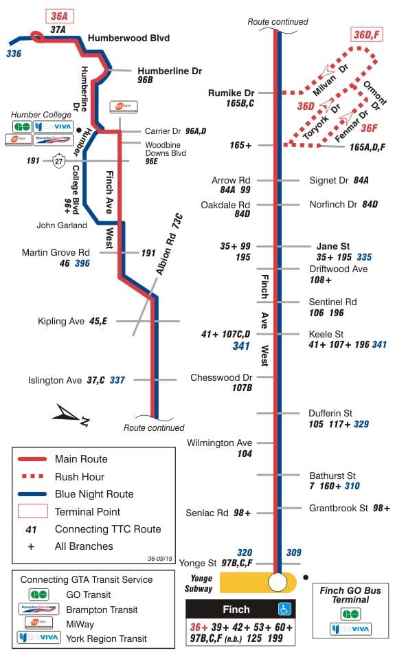 નકશો TTC 36 ફિન્ચ વેસ્ટ બસ રૂટ ટોરોન્ટો