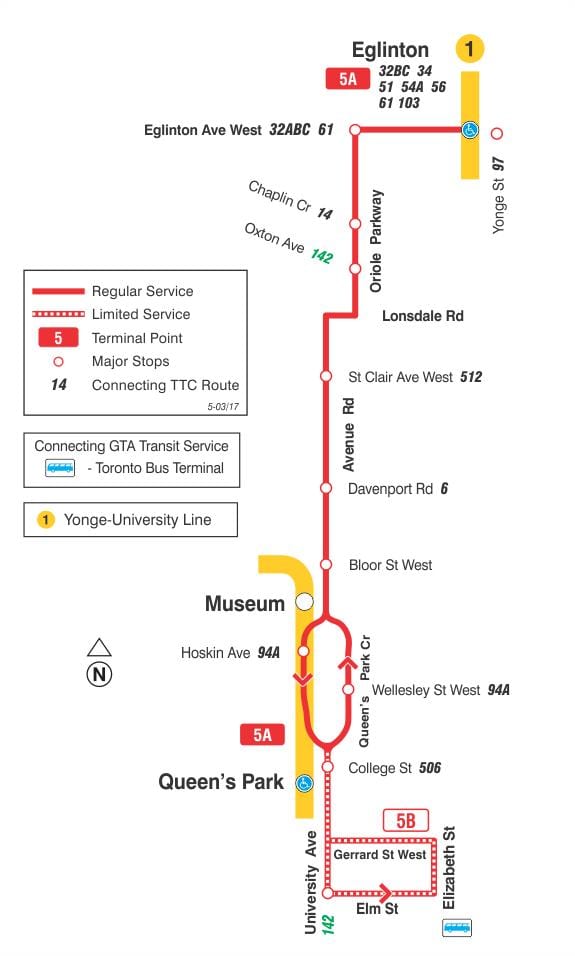 નકશો TTC 5 એવન્યુ રોડ બસ રૂટ ટોરોન્ટો