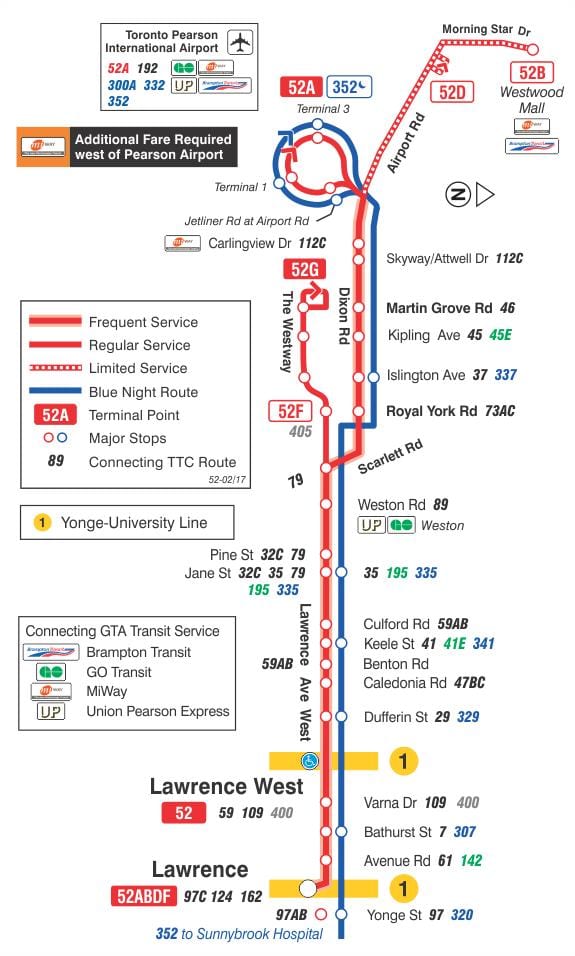 નકશો TTC 52 લોરેન્સ વેસ્ટ બસ રૂટ ટોરોન્ટો