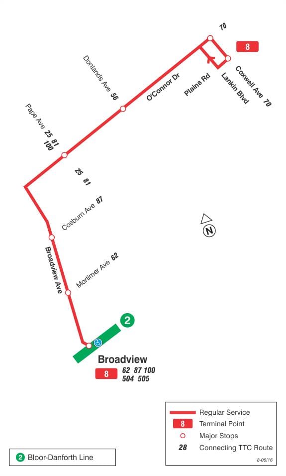 નકશો TTC 8 Broadview બસ રૂટ ટોરોન્ટો
