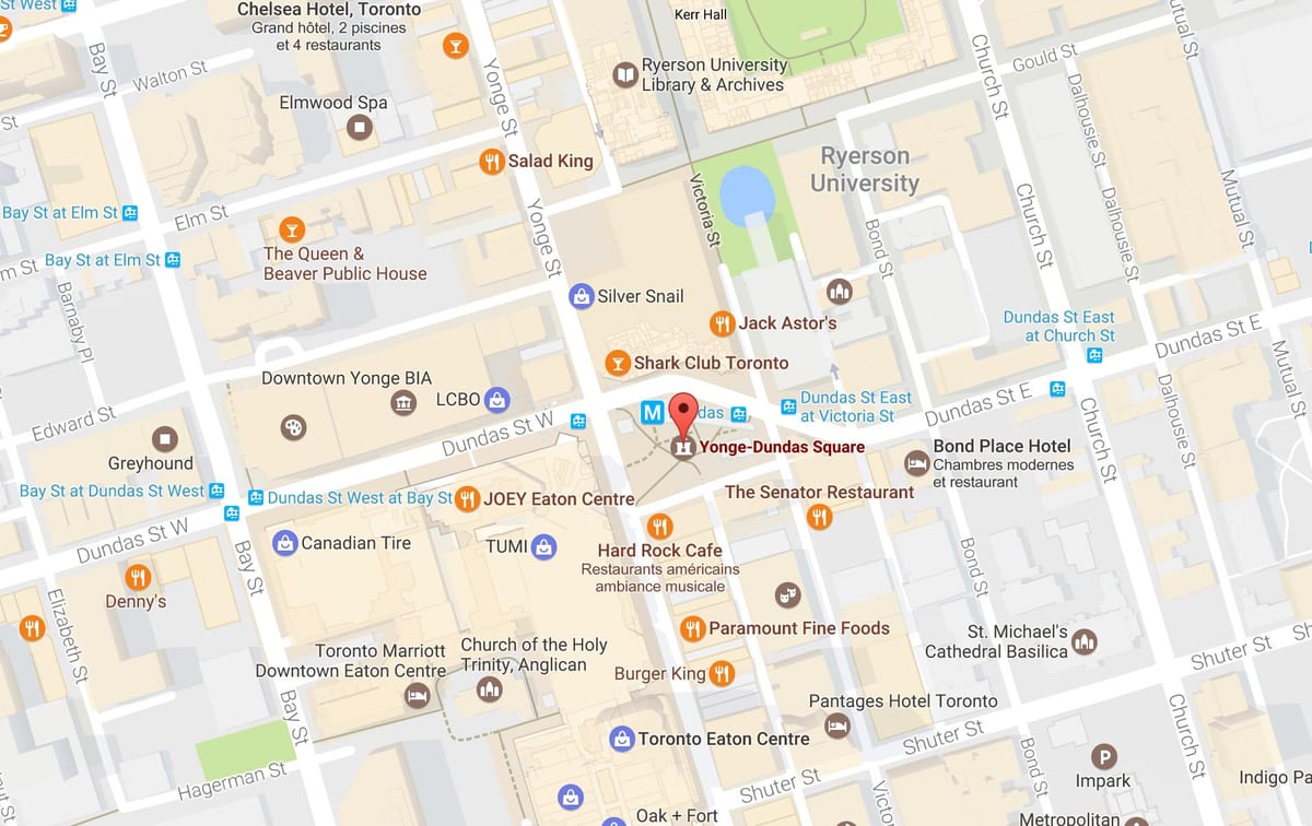 નકશો Yonge-Dundas ચોરસ ટોરોન્ટો