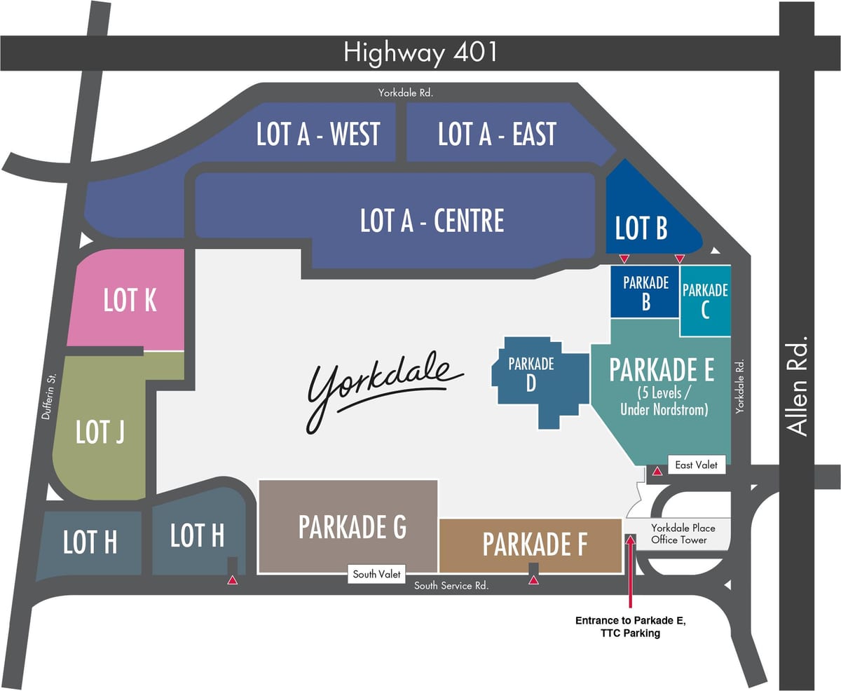 નકશો Yorkdale શોપિંગ સેન્ટર પાર્કિંગ