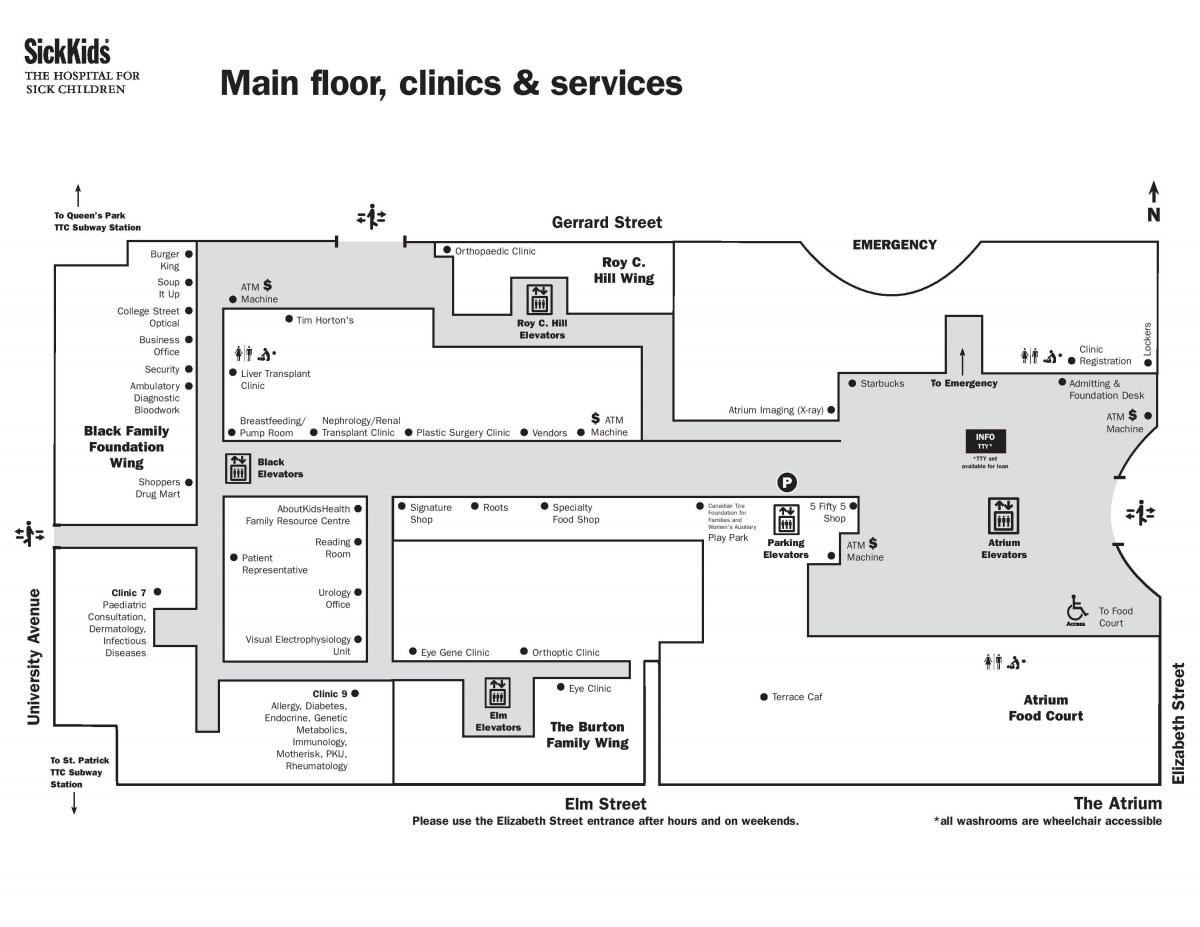નકશો હોસ્પિટલમાં બીમાર બાળકો માટે ટોરોન્ટો મુખ્ય માળ