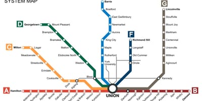 નકશો ટોરોન્ટો ટ્રેનો Go Transit