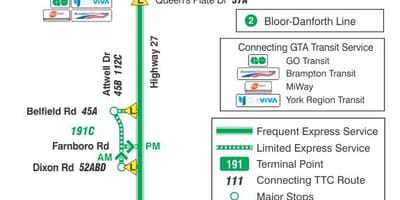 નકશો TTC 191 હાઇવે 27 રોકેટ બસ રૂટ ટોરોન્ટો