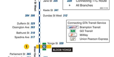નકશો TTC 300A Bloor-Danforth બસ રૂટ ટોરોન્ટો