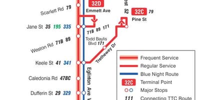 નકશો TTC 32 Eglinton વેસ્ટ બસ રૂટ ટોરોન્ટો