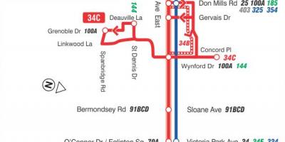 નકશો TTC 34 Eglinton પૂર્વ બસ રૂટ ટોરોન્ટો