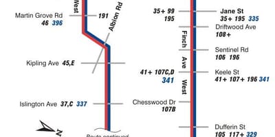 નકશો TTC 36 ફિન્ચ વેસ્ટ બસ રૂટ ટોરોન્ટો