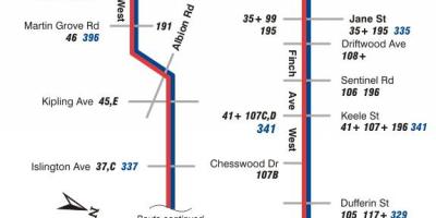 નકશો TTC 36 ફિન્ચ વેસ્ટ બસ રૂટ ટોરોન્ટો