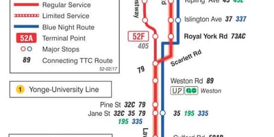 નકશો TTC 52 લોરેન્સ વેસ્ટ બસ રૂટ ટોરોન્ટો