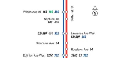 નકશો TTC 7 Bathurst બસ રૂટ ટોરોન્ટો